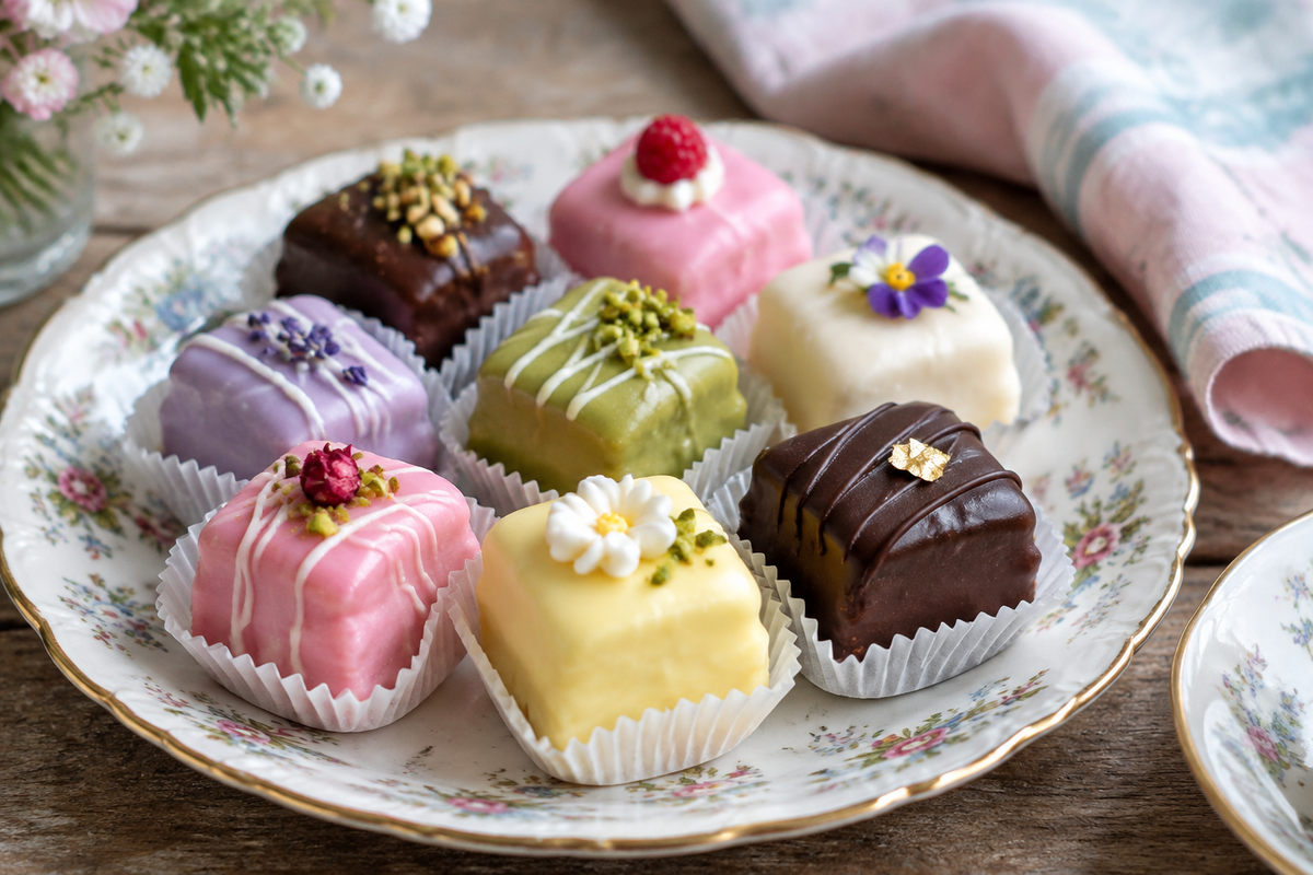 Assorted elegant petit fours mini cake desserts with glossy icing on a vintage plate