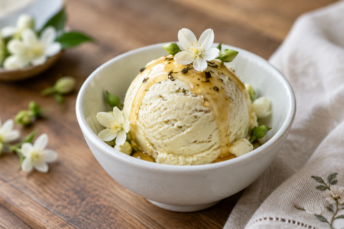 Creamy jasmine tea ice cream garnished with jasmine flowers on a white bowl, showcasing jasmine tea ice cream