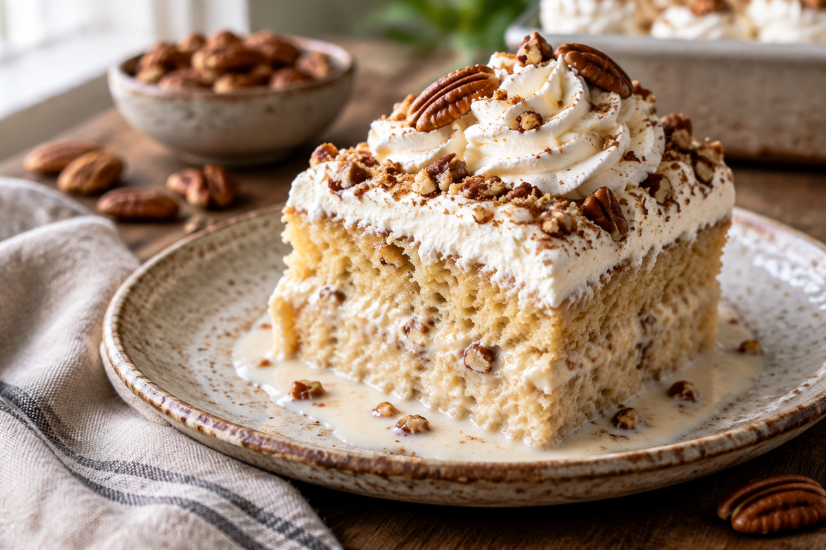 Slice of butter pecan tres leches cake topped with whipped cream and toasted pecans, showcasing the creamy layers