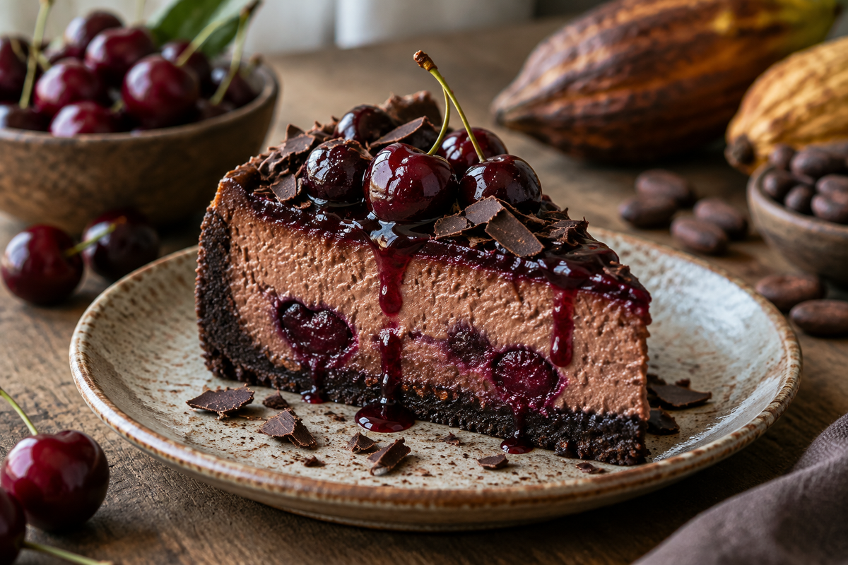 Slice of dark chocolate cherry cheesecake topped with cherries and chocolate shavings