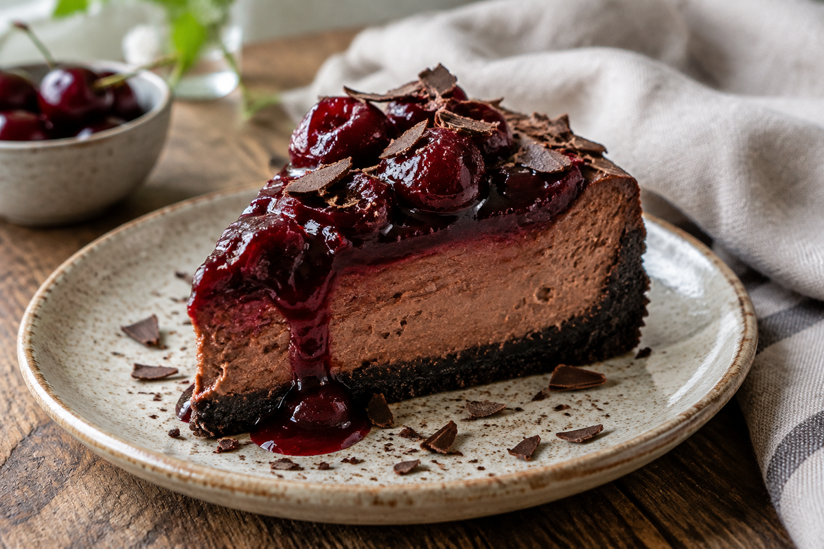 Slice of dark chocolate cherry cheesecake with glossy cherry topping and chocolate shavings