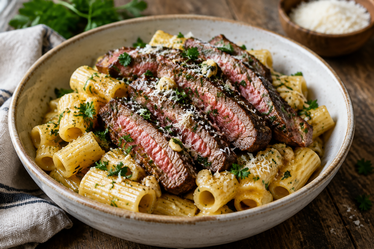 Garlic butter rigatoni pasta topped with succulent steak slices and fresh parsley garnish