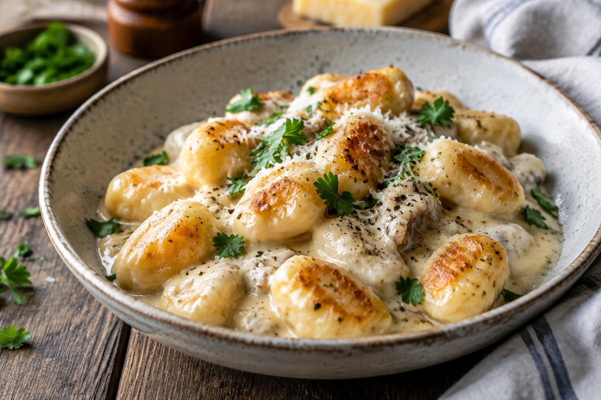 Indulgent millionaire gnocchi in luxurious cream sauce garnished with parsley and pepper