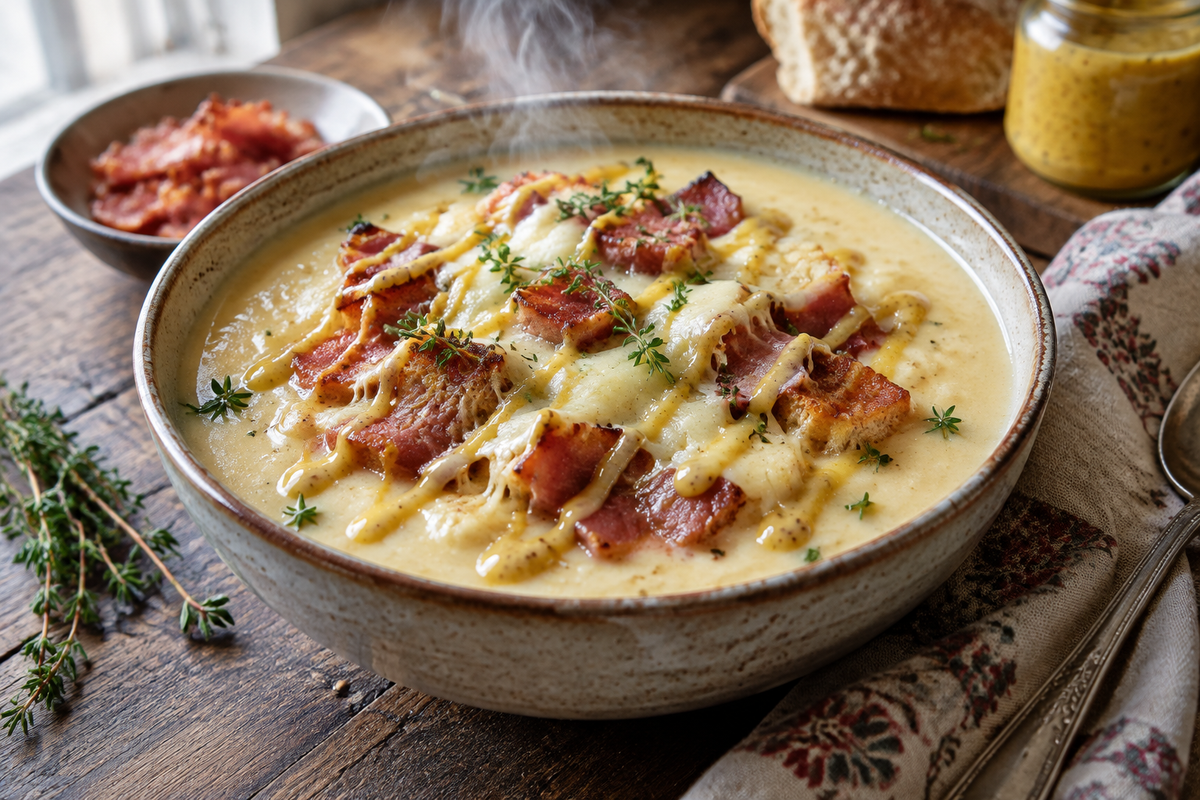 A bowl of indulgent monte cristo soup with melted cheese and ham chunks, garnished with fresh thyme, showcasing monte cristo soup