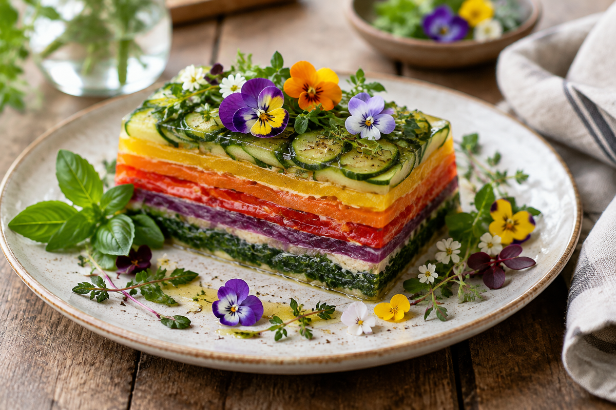 Vibrant layered vegetable terrine showcasing beautiful food ideas with edible flowers and fresh herbs