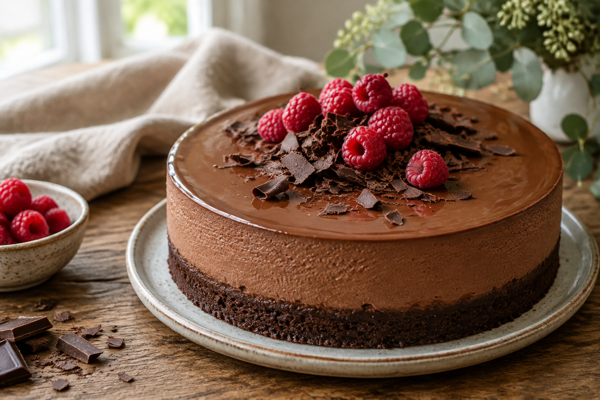 Vegan chocolate mousse cake with chocolate shavings and raspberries, rich and creamy dessert