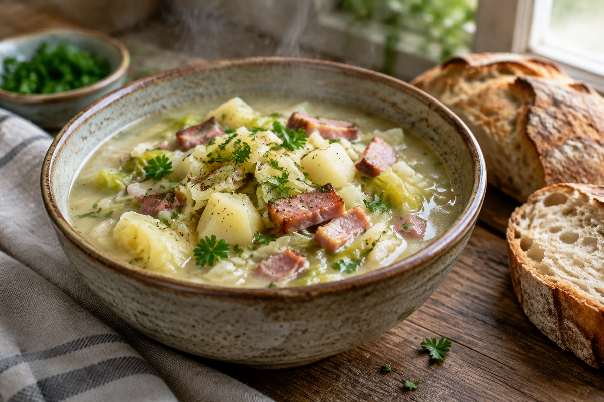 Bowl of Irish bacon soup with cabbage and potatoes garnished with parsley