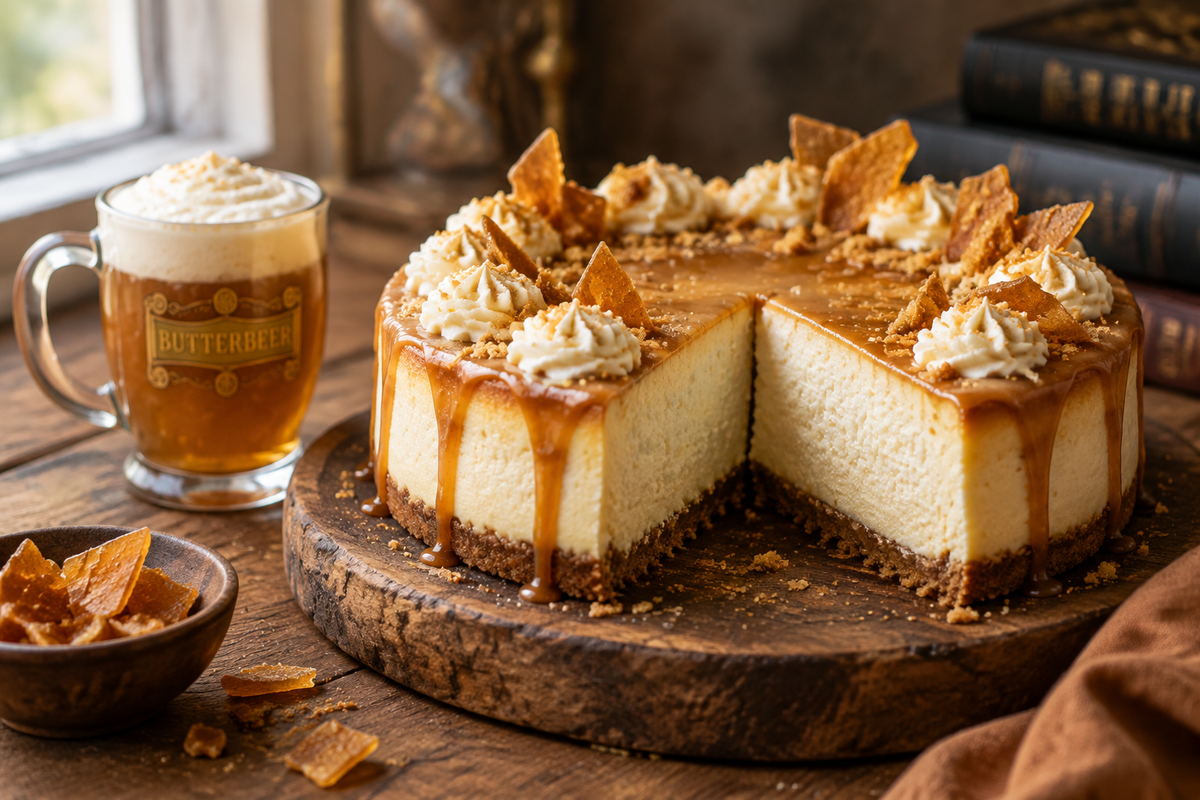 A slice of butterbeer cheesecake with caramel drizzle and a buttery crust on a rustic board