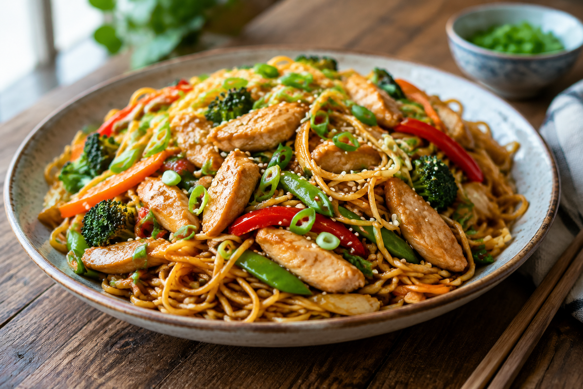 Irresistible chicken chow mein with glossy noodles and vibrant vegetables in ultimate sauce