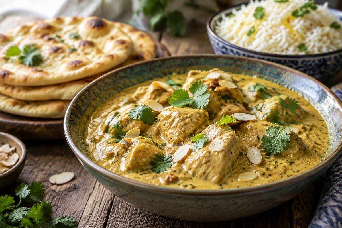 Creamy chicken korma served with fluffy flatbread and fragrant rice with garnish, showcasing chicken korma