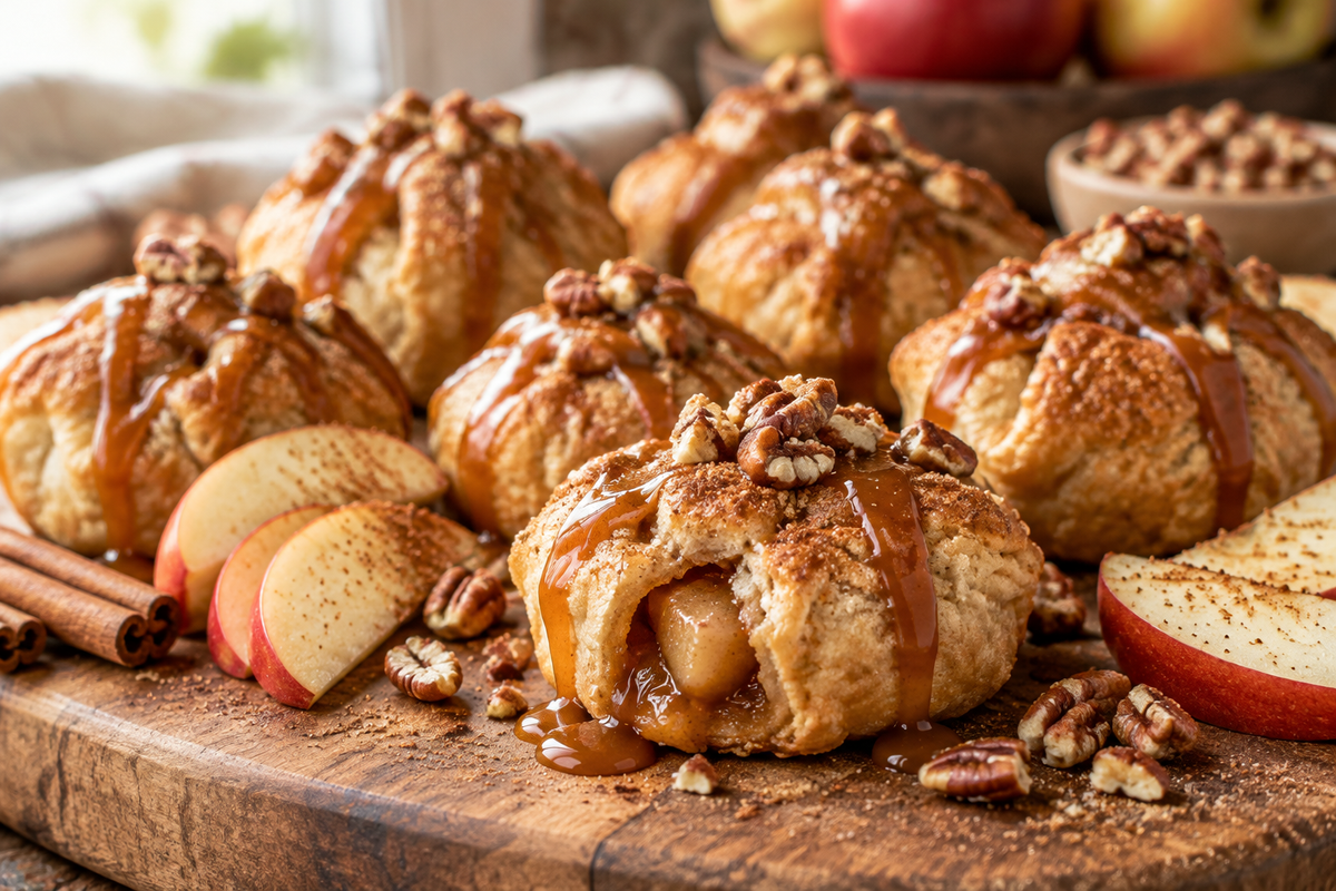 Cinnamon caramel apple pie bites with caramel drizzle and cinnamon dusting on a rustic board