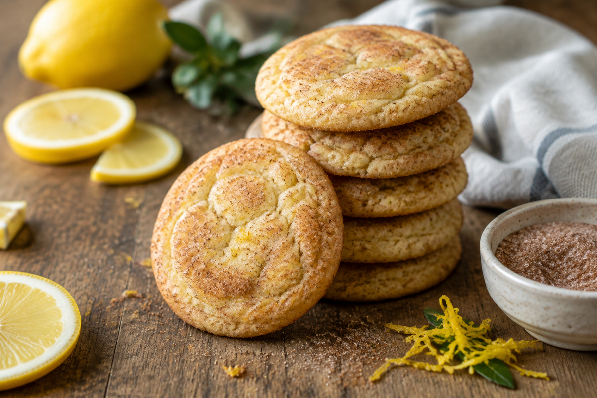 Freshly baked lemon snickerdoodles stacked with cinnamon sugar coating and lemon zest garnish, lemon snickerdoodles