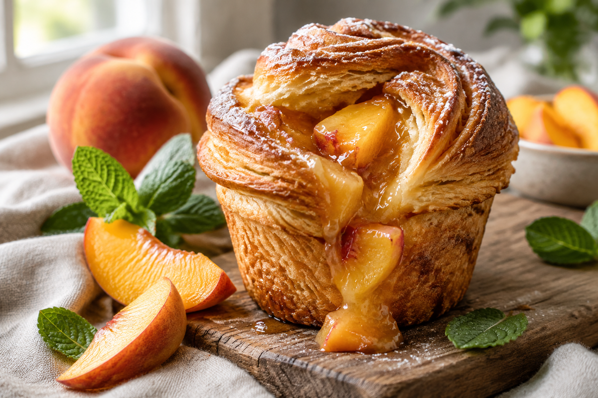 Golden peach pie cruffins with flaky layers and juicy peach filling on rustic wooden board