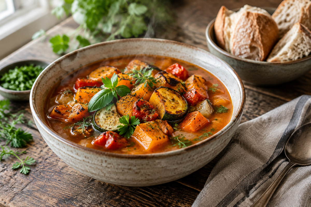 A bowl of roasted veggie soup garnished with fresh herbs, showcasing the roasted veggie soup with vibrant colors