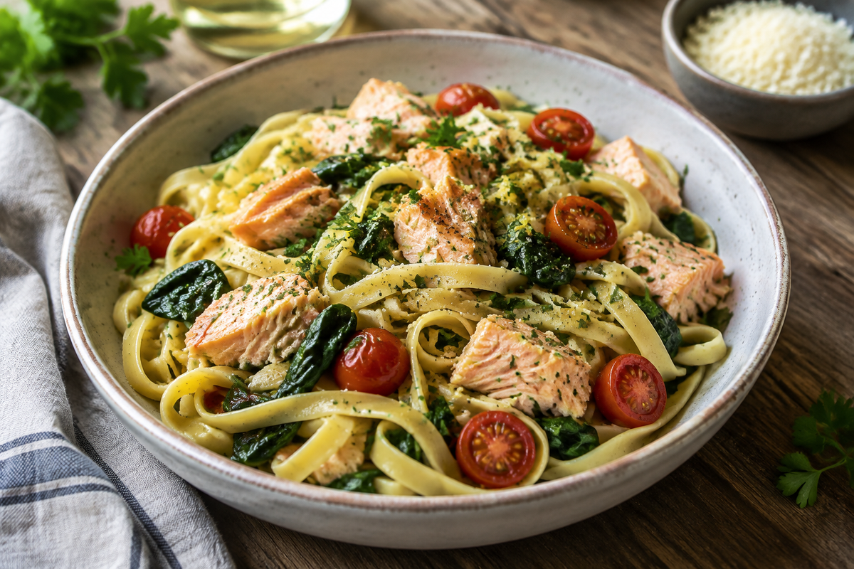 Salmon pasta without cream with spinach and cherry tomatoes garnished with parsley