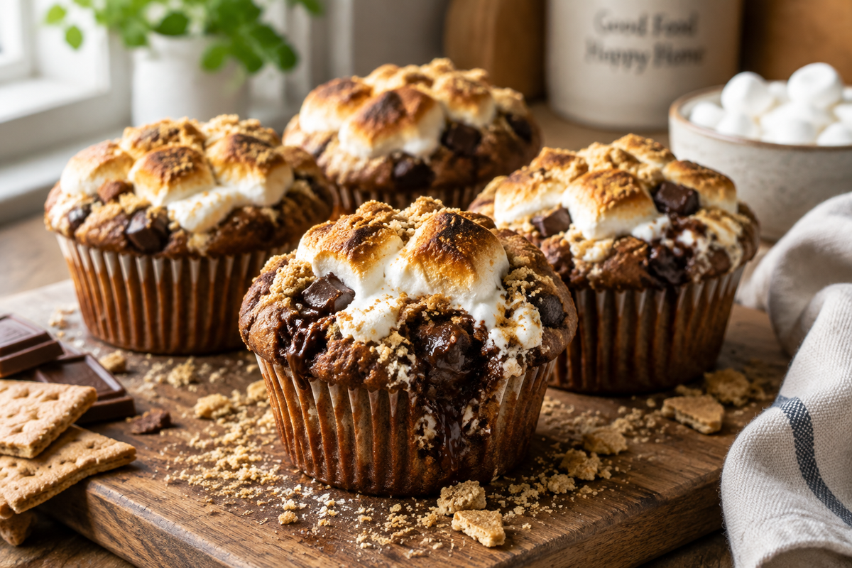 Freshly baked s'mores muffins with melted chocolate and toasted marshmallows, perfect s'mores muffins treat