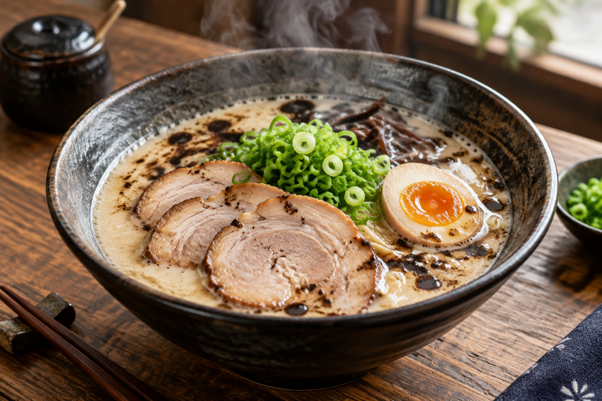 Bowl of tonkotsu ramen with homemade chashu and black garlic oil garnished with scallions and soft-boiled egg