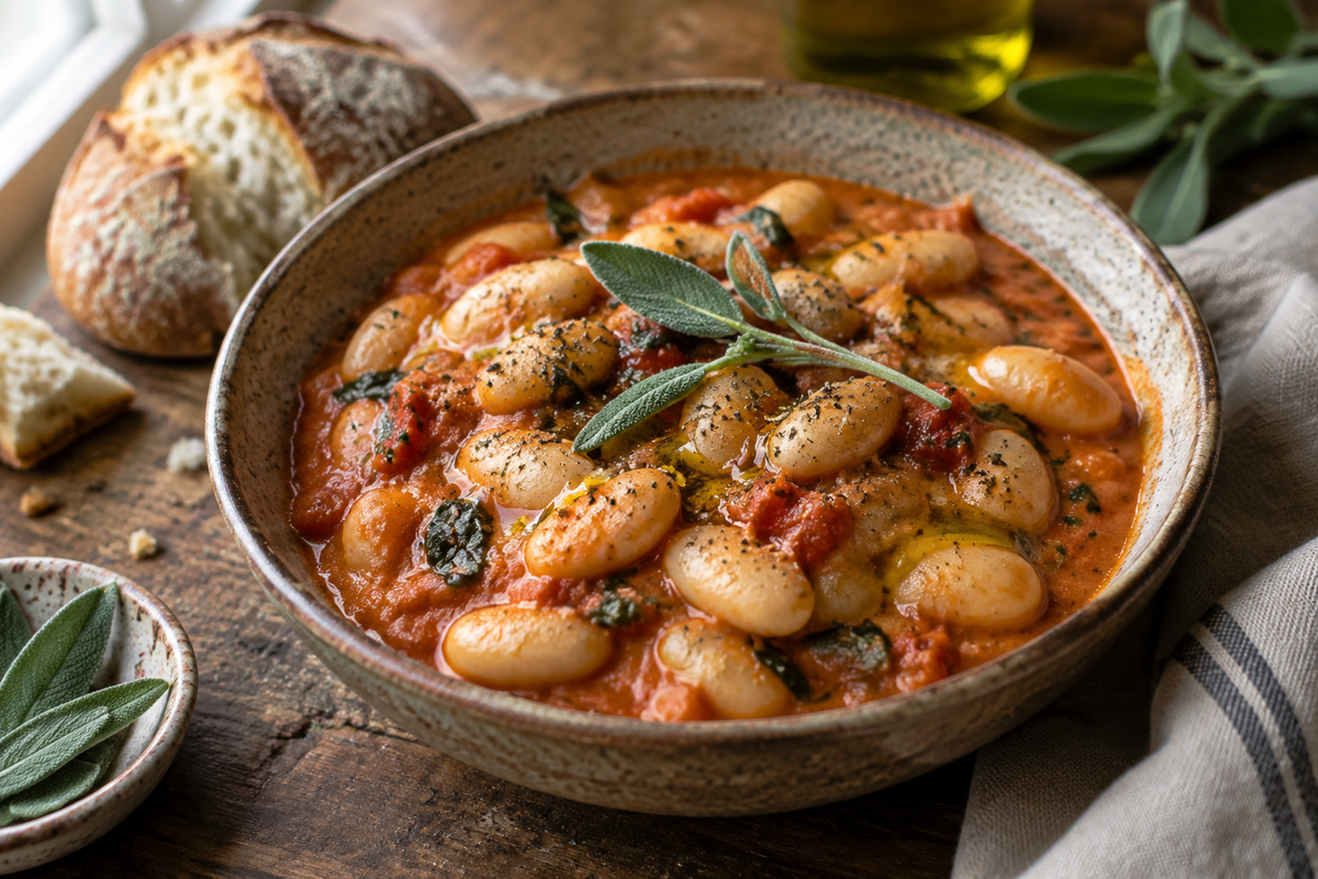 Creamy Tuscan butter beans in tomato herb sauce garnished with fresh sage and olive oil