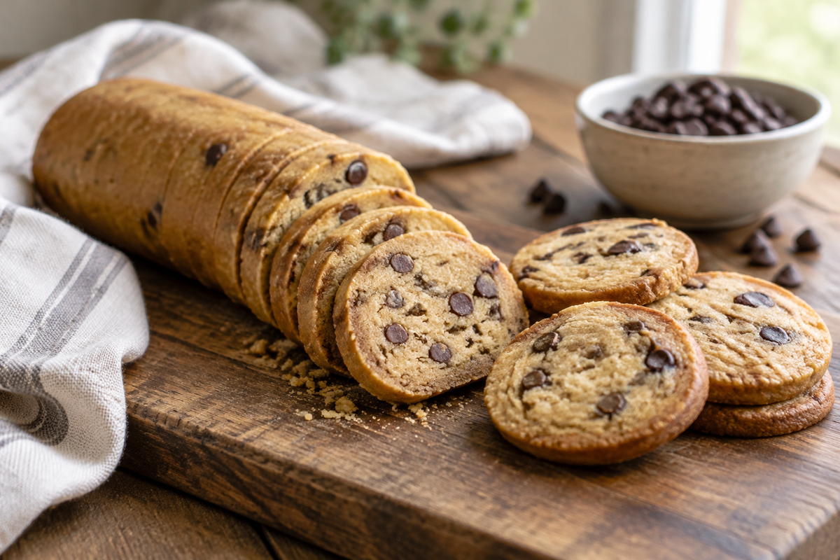 Freshly baked golden slice and bake cookies arranged with cookie log on wooden board