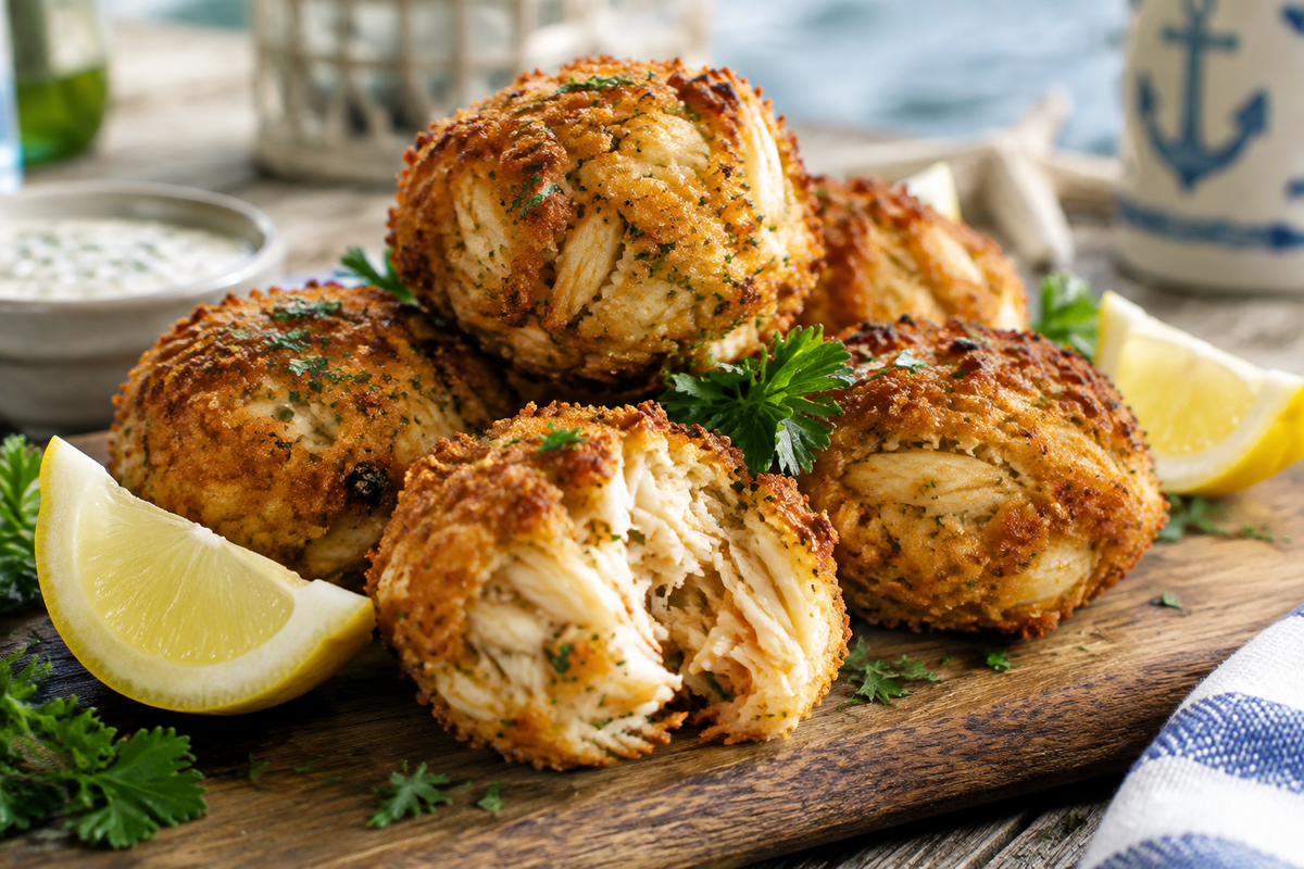 golden crispy crab bombs recipe served with lemon wedges and parsley garnish