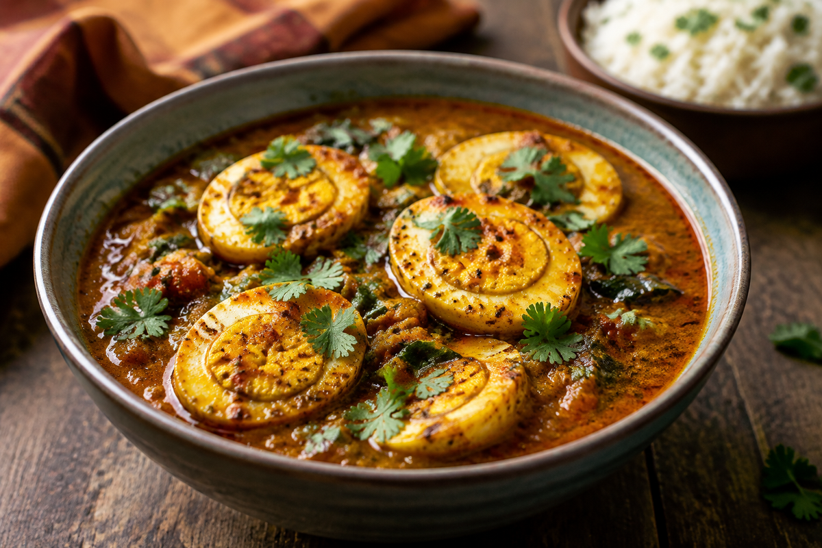 Bowl of spicy egg curry with rich sauce and cilantro garnish, showcasing a vibrant spicy egg curry