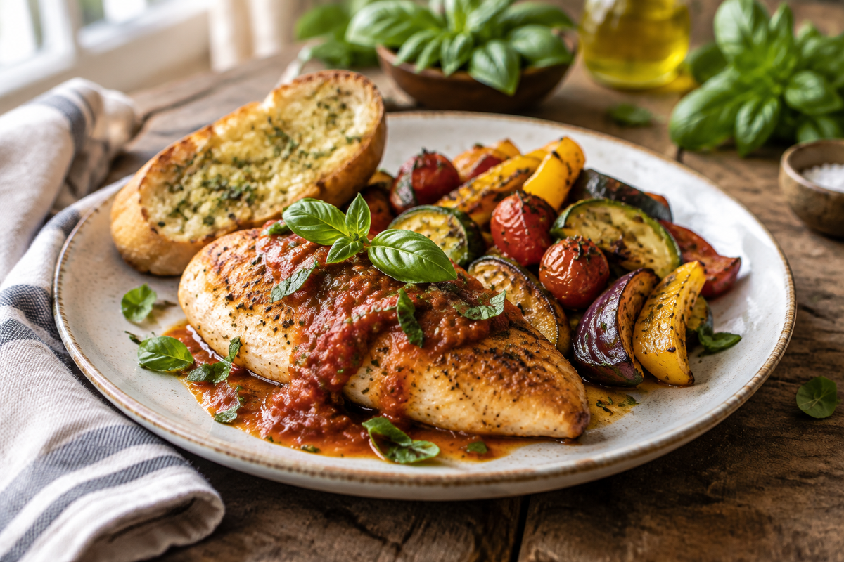 Italian chicken breast dinner plated with tomato sauce and roasted vegetables, garnished with fresh basil