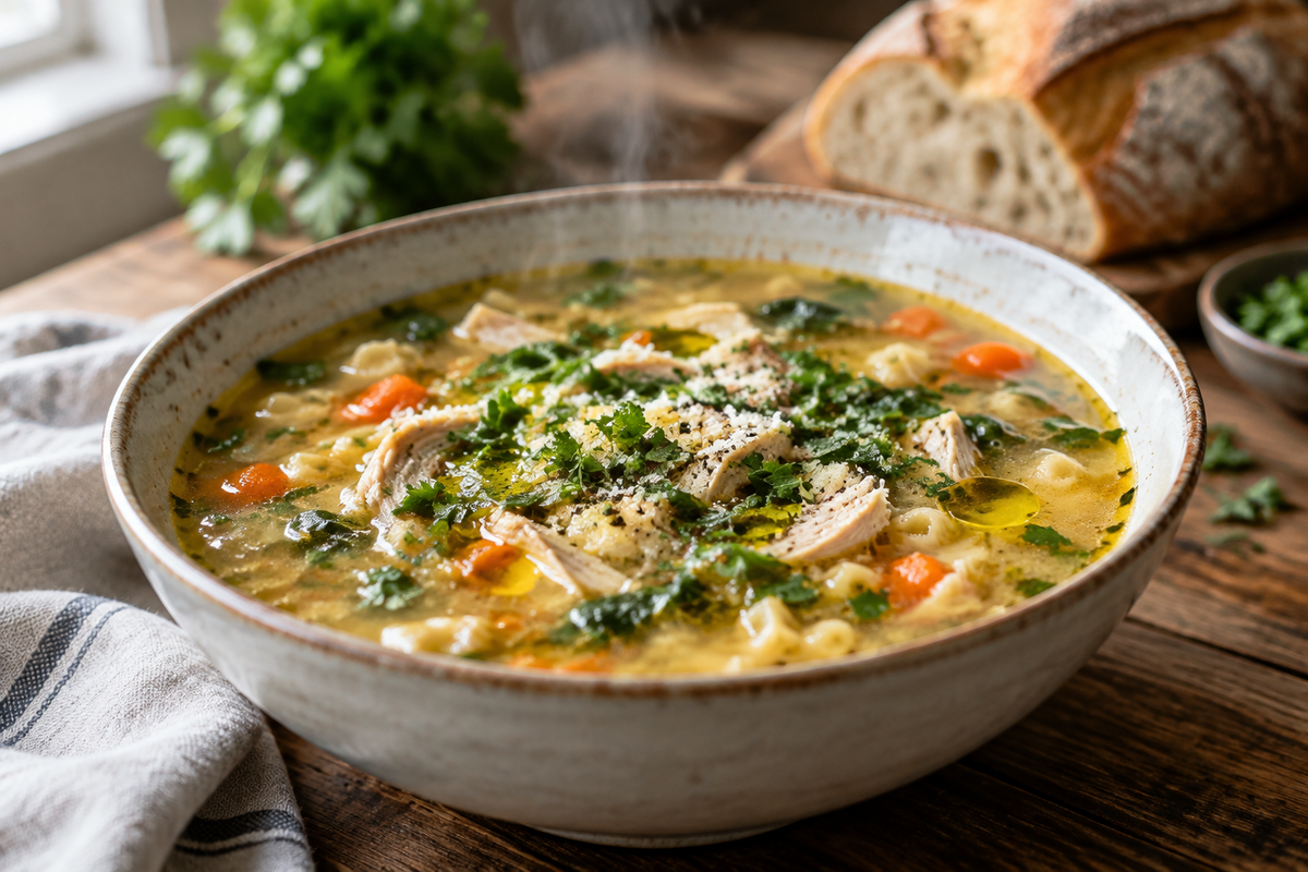 Bowl of Italian penicillin soup garnished with parsley and olive oil, showcasing the ultimate healing bowl