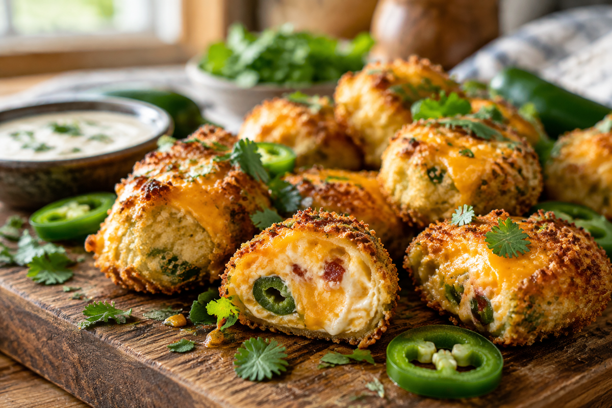 Golden baked jalapeno popper bites with melted cheese and jalapeno slices, showcasing jalapeno popper bites