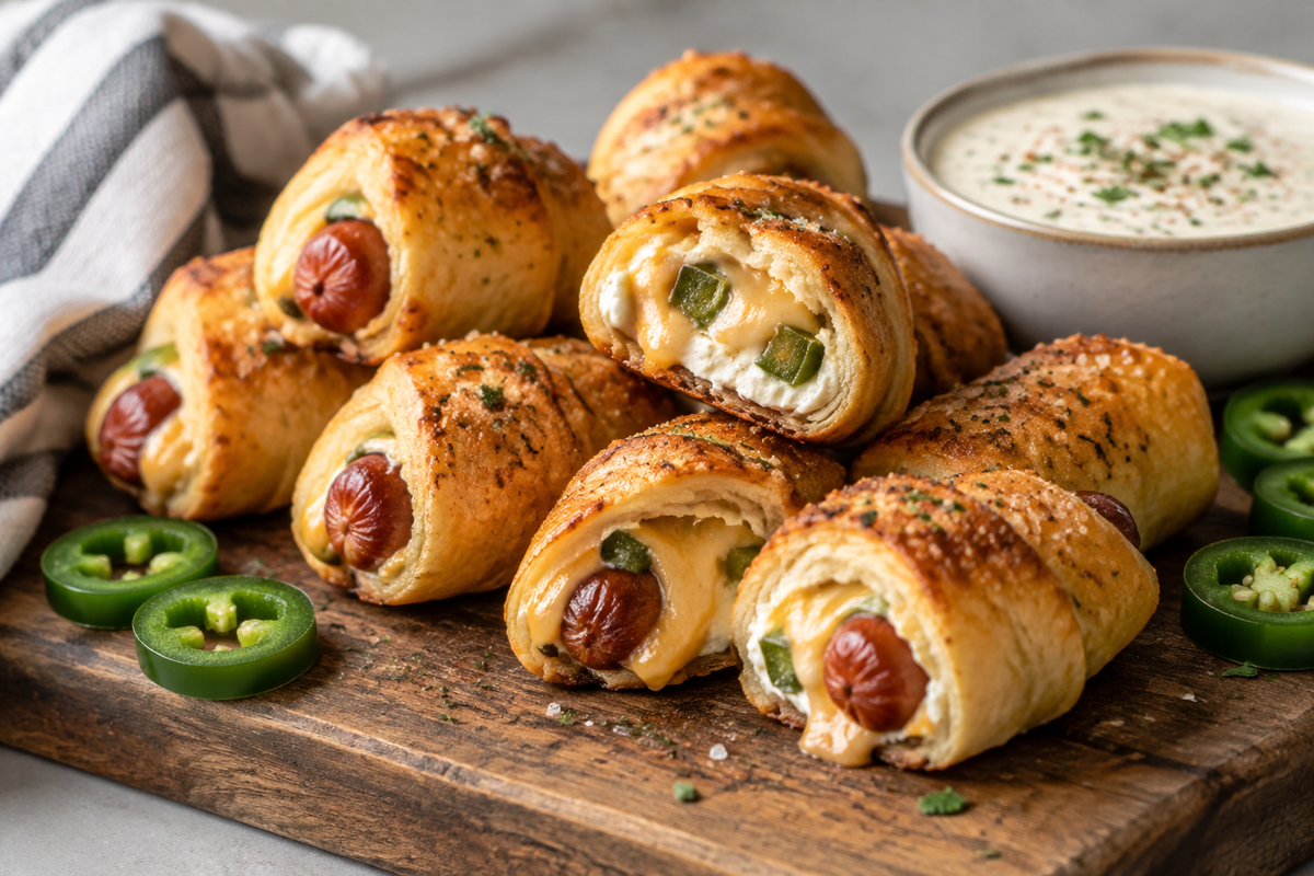 Golden jalapeño popper pigs in a blanket appetizer with spicy jalapeño filling and cheese
