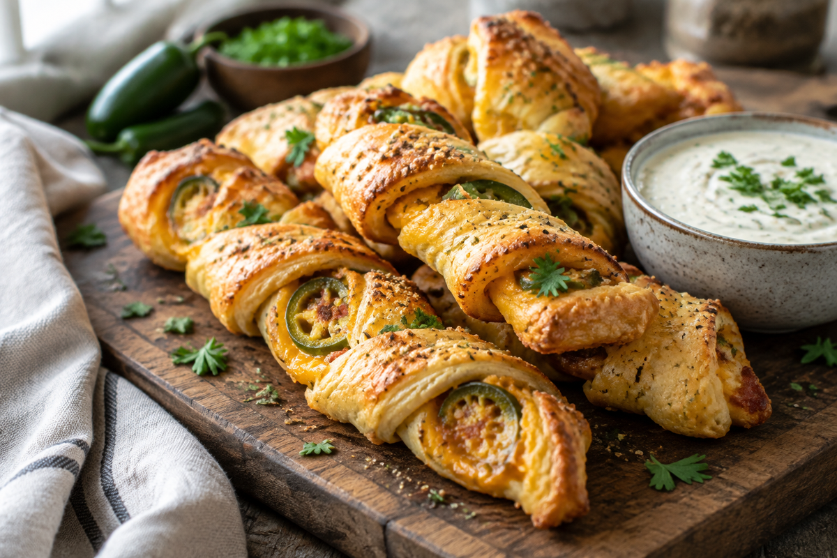 Golden baked jalapeno popper twists garnished with parsley and creamy dip, jalapeno popper twists appetizer