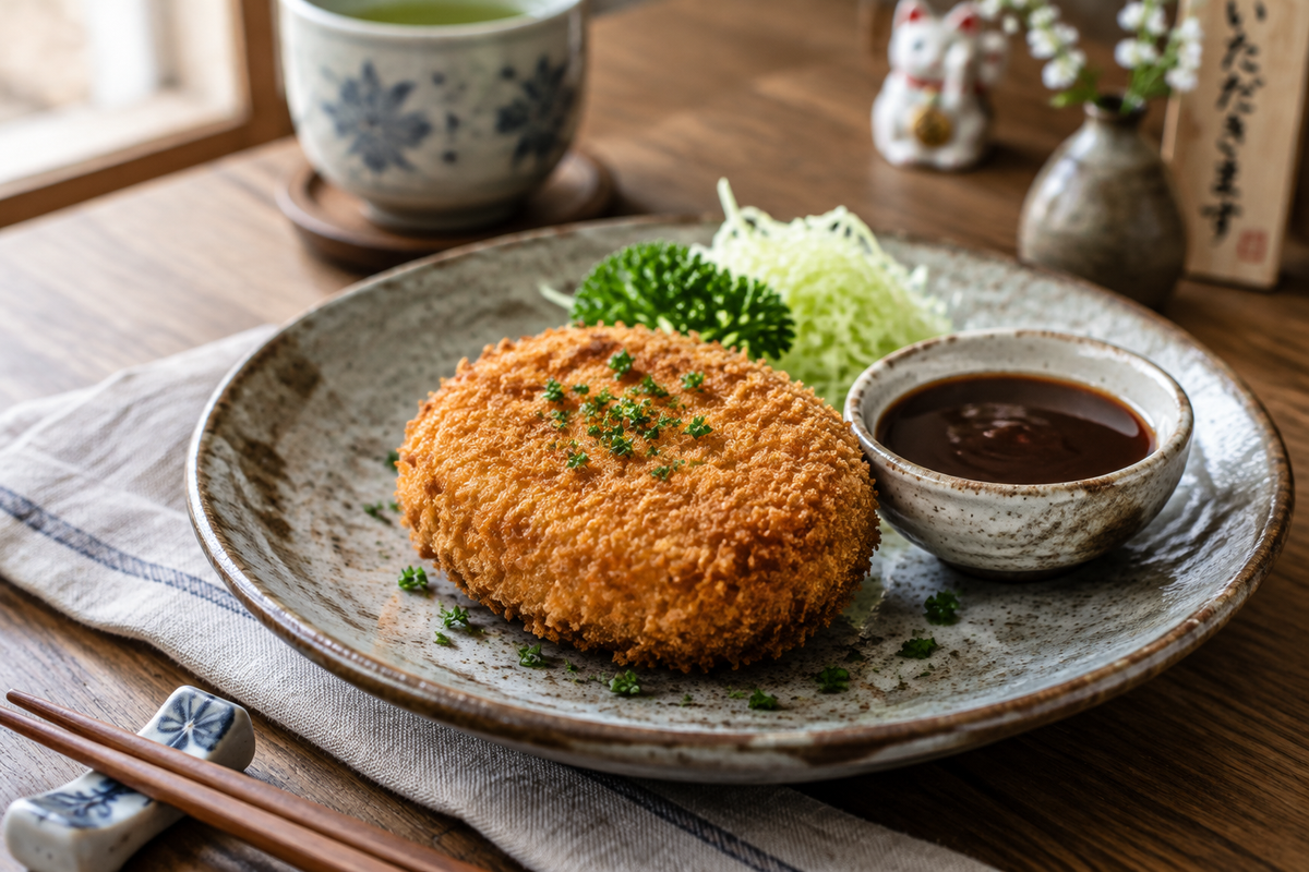 Crispy golden Japanese croquettes garnished with parsley and sauce, classic Japanese croquettes dish