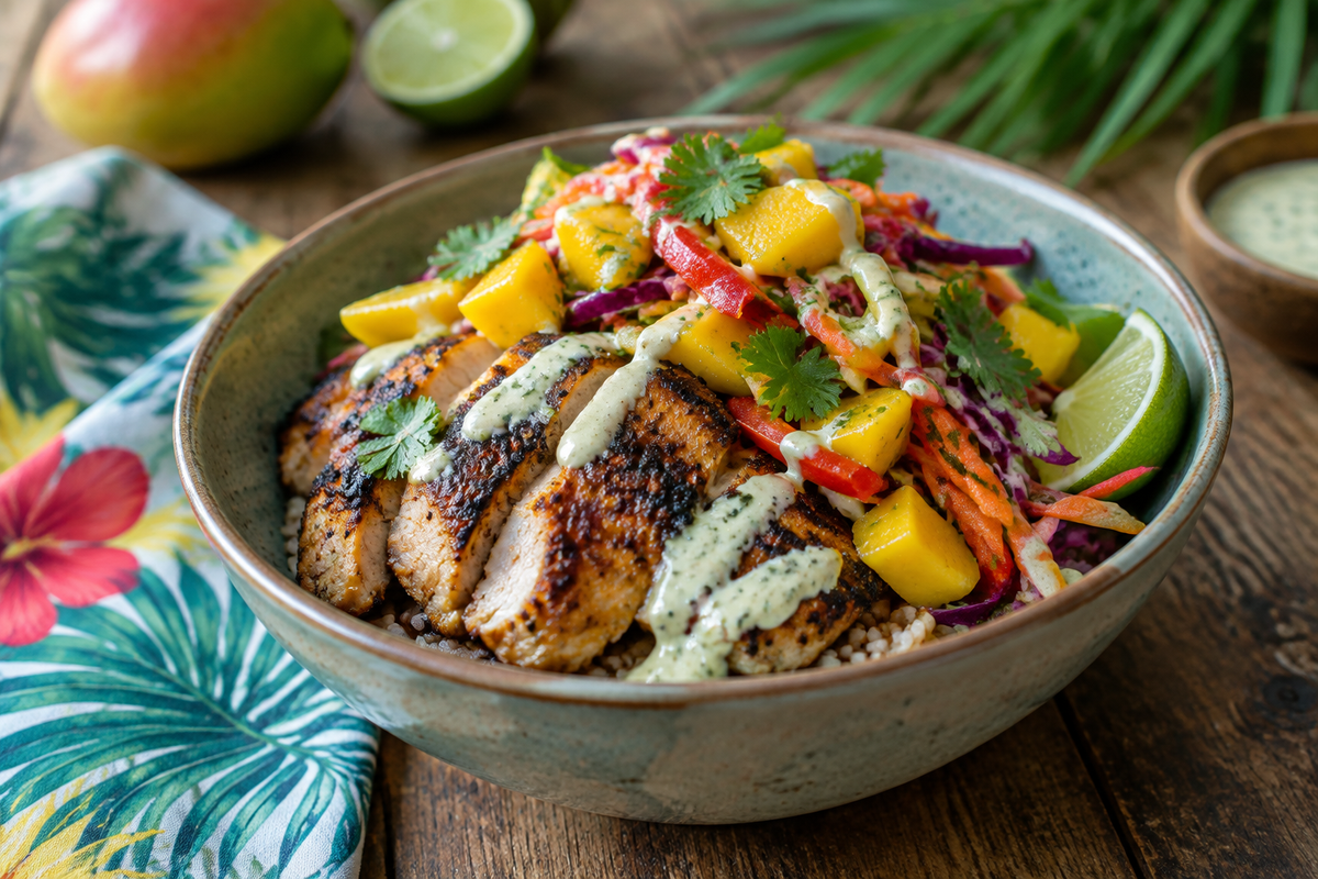 Jerk chicken bowls with mango slaw and honey lime cream sauce served in a rustic bowl