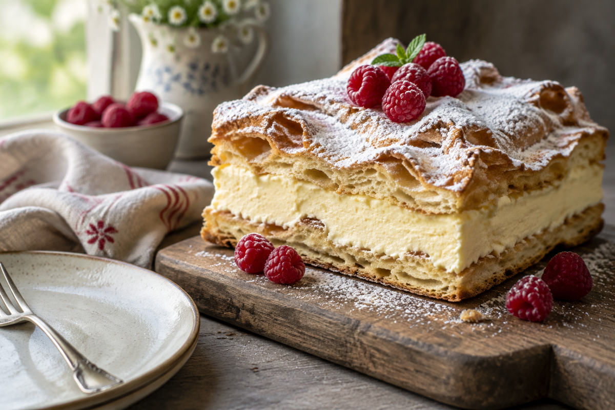 Karpatka cake with creamy custard and powdered sugar, a soft Polish dessert
