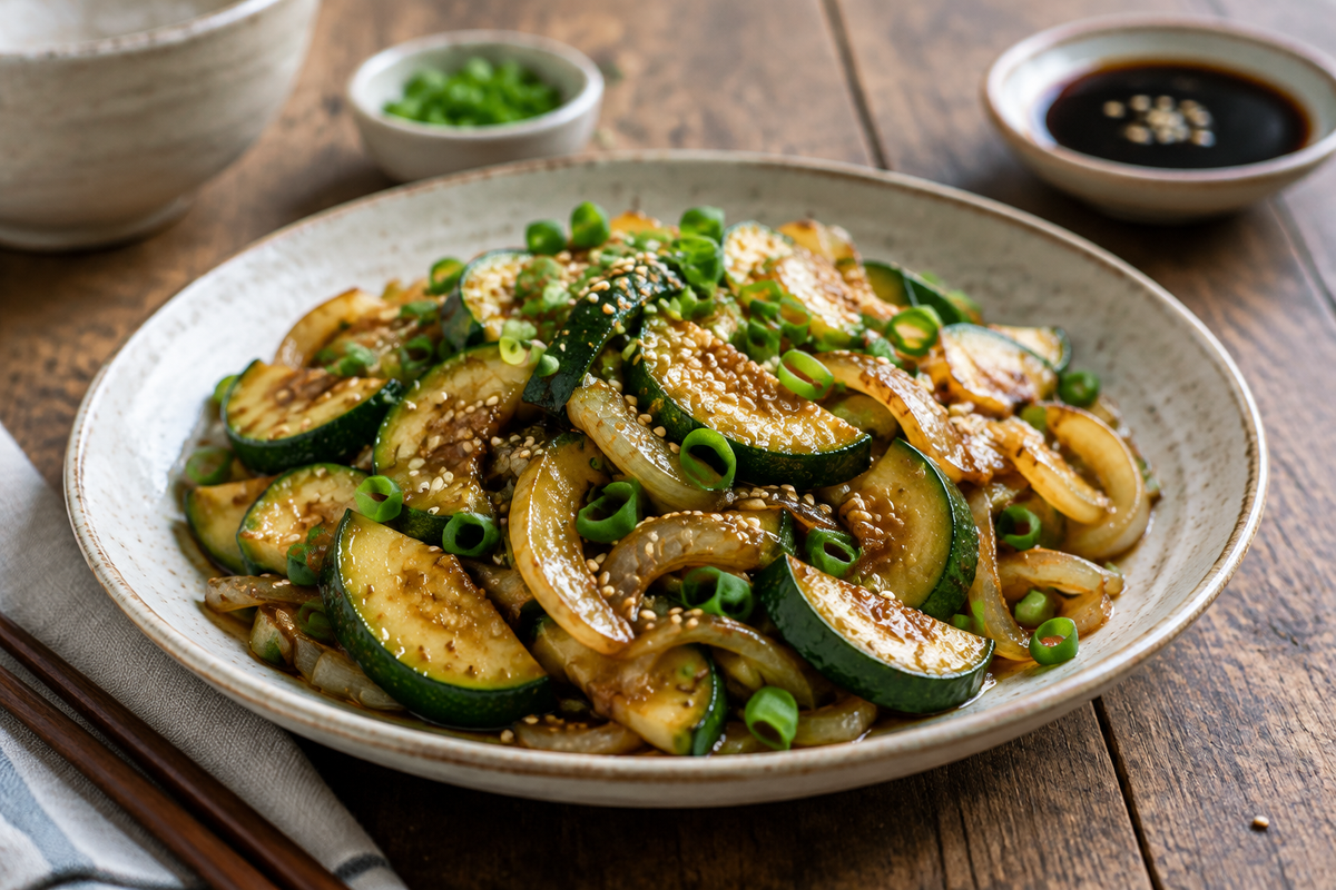 Keto zucchini stir-fry with onions garnished with sesame seeds and green onions in a ceramic bowl