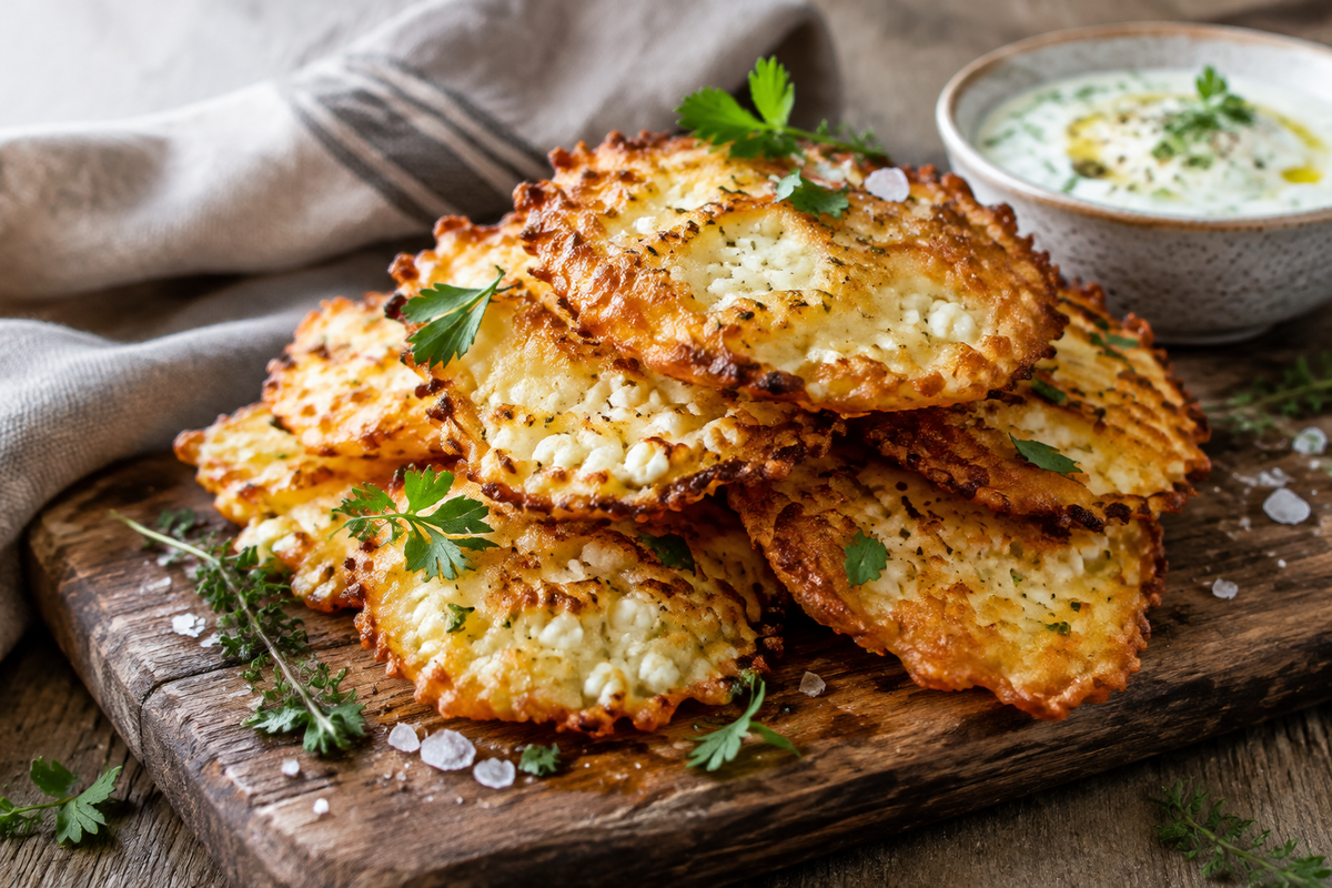 Golden crispy knusprige hüttenkäse chips garnished with herbs and sea salt flakes