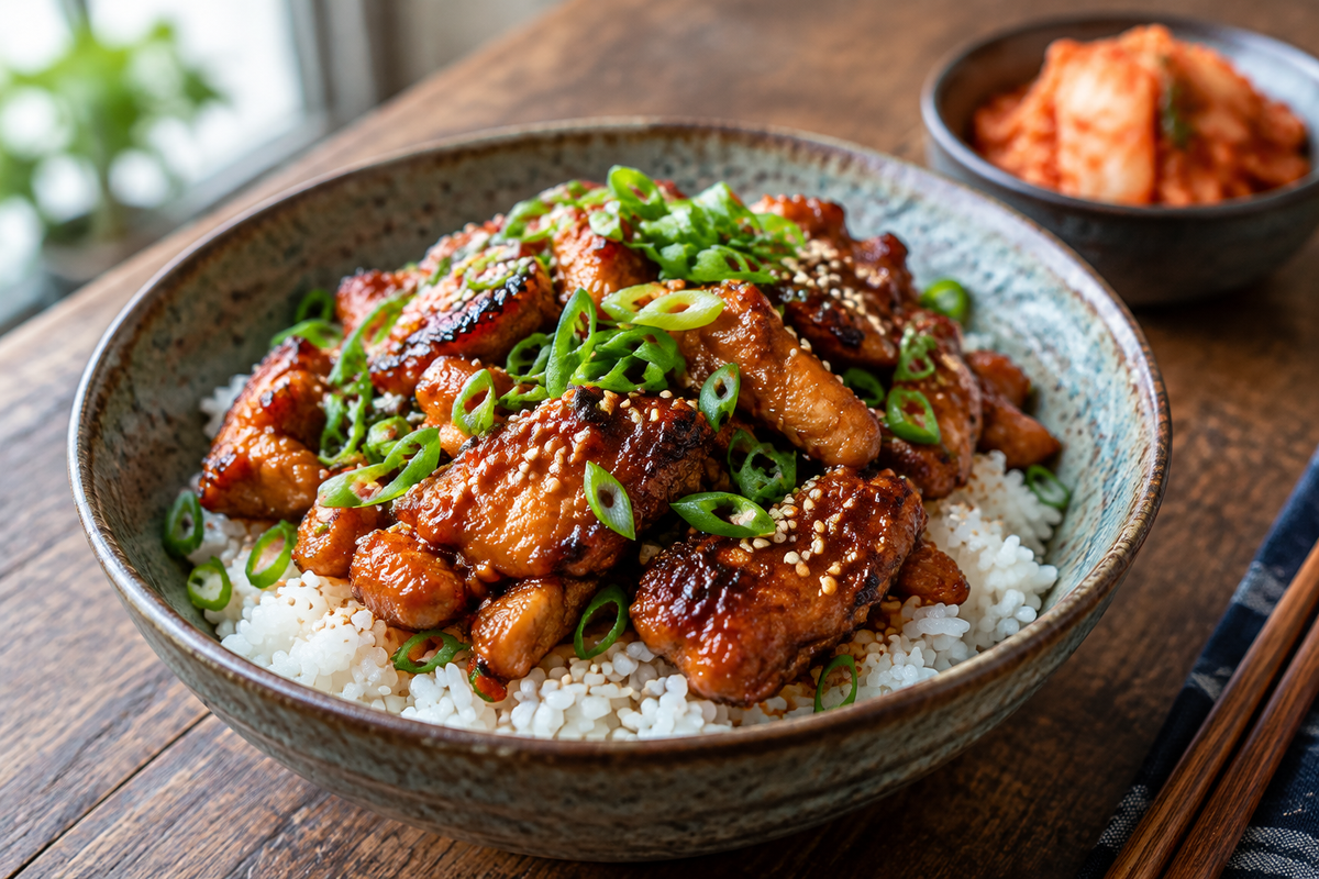 Korean BBQ chicken bowl with rice and green onions, showcasing korean bbq chicken flavors