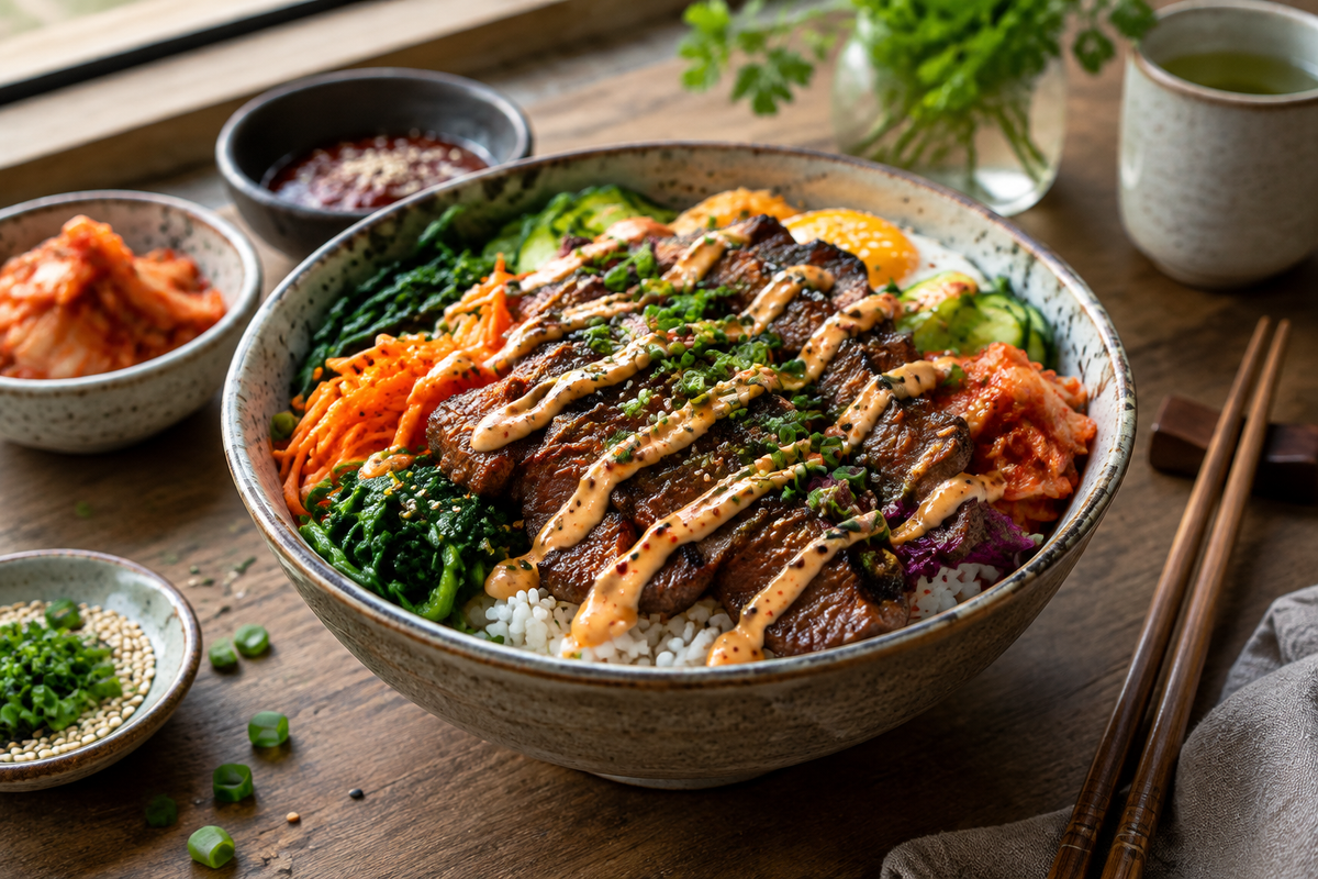Korean BBQ steak rice bowls with spicy cream sauce, grilled steak, vegetables, and creamy sauce on rice