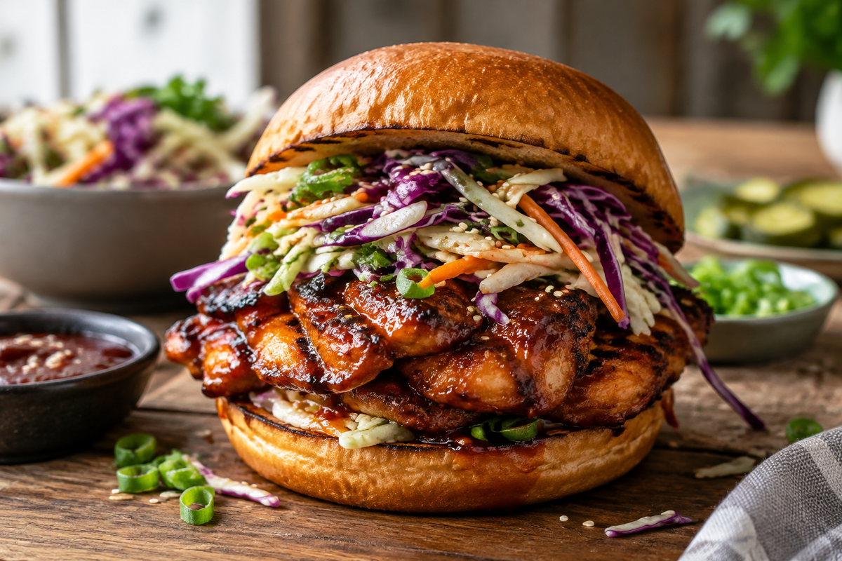 Korean fire-grilled chicken sandwich with crunchy slaw on a toasted bun