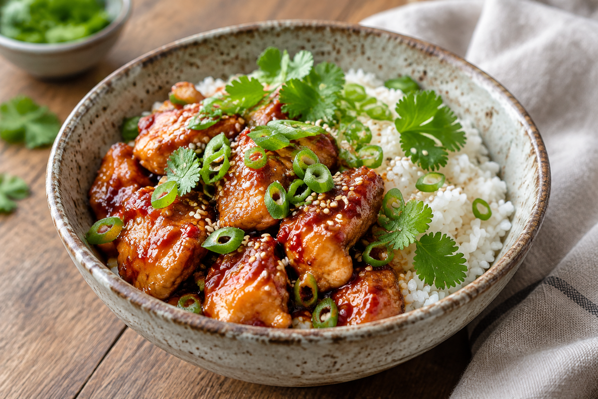 Korean sweet chili chicken rice bowl with glazed chicken, rice, and fresh garnishes