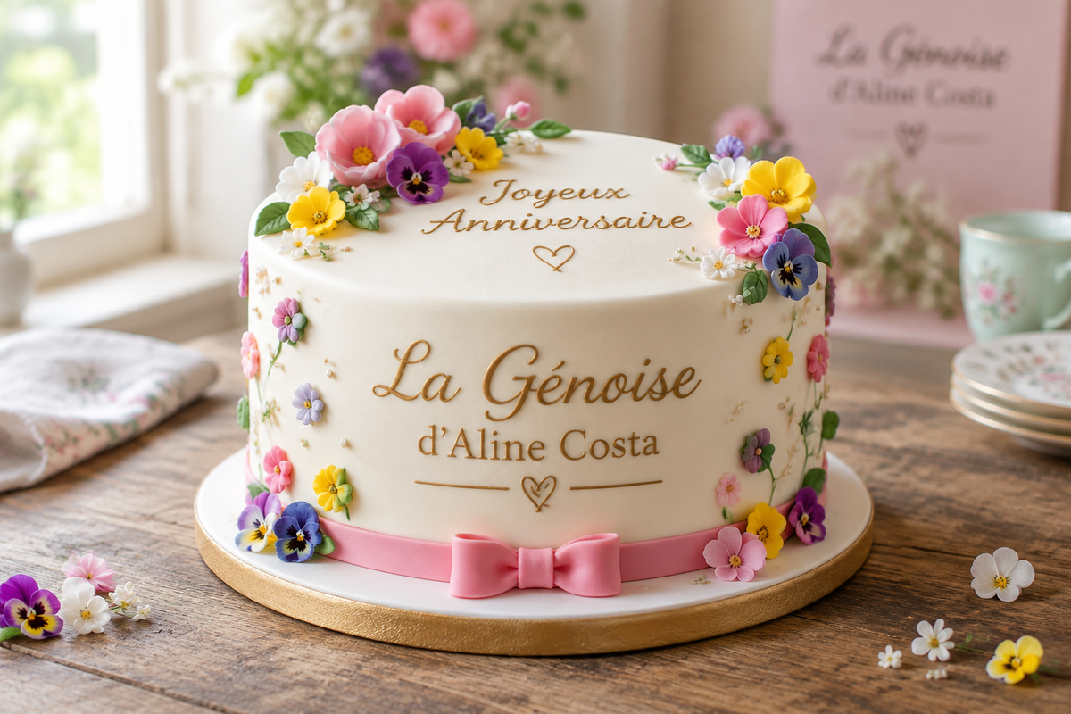 La Génoise d'Aline Costa fondant birthday cake with smooth icing and colorful decorations