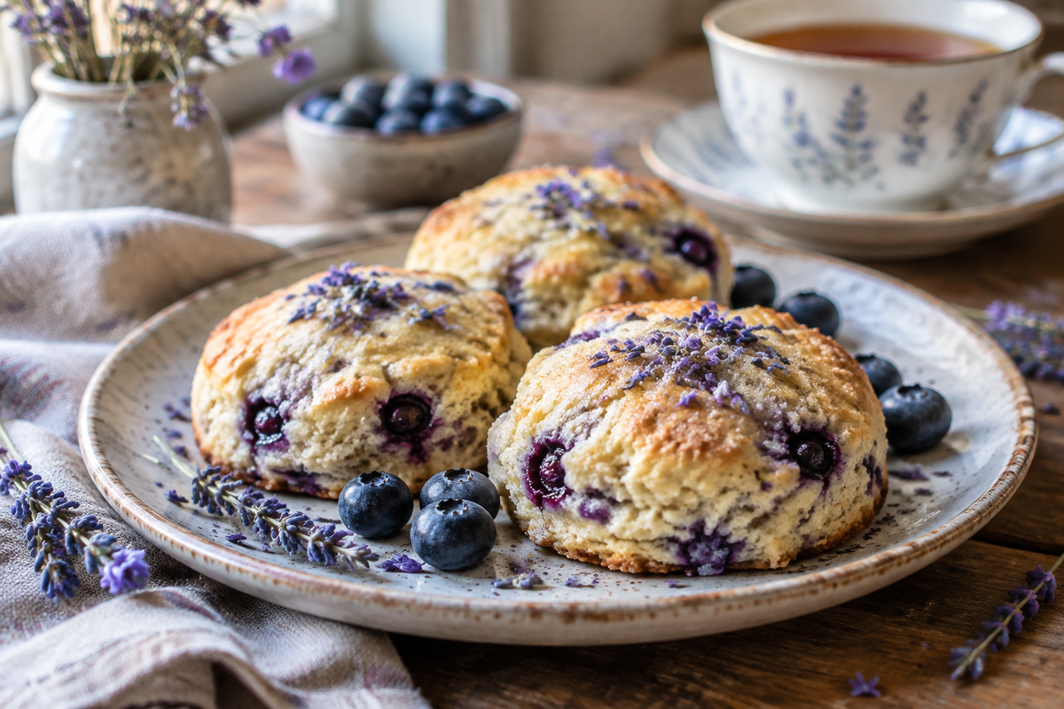 Lavender blueberry tea cakes garnished with fresh blueberries and lavender flowers on a rustic plate