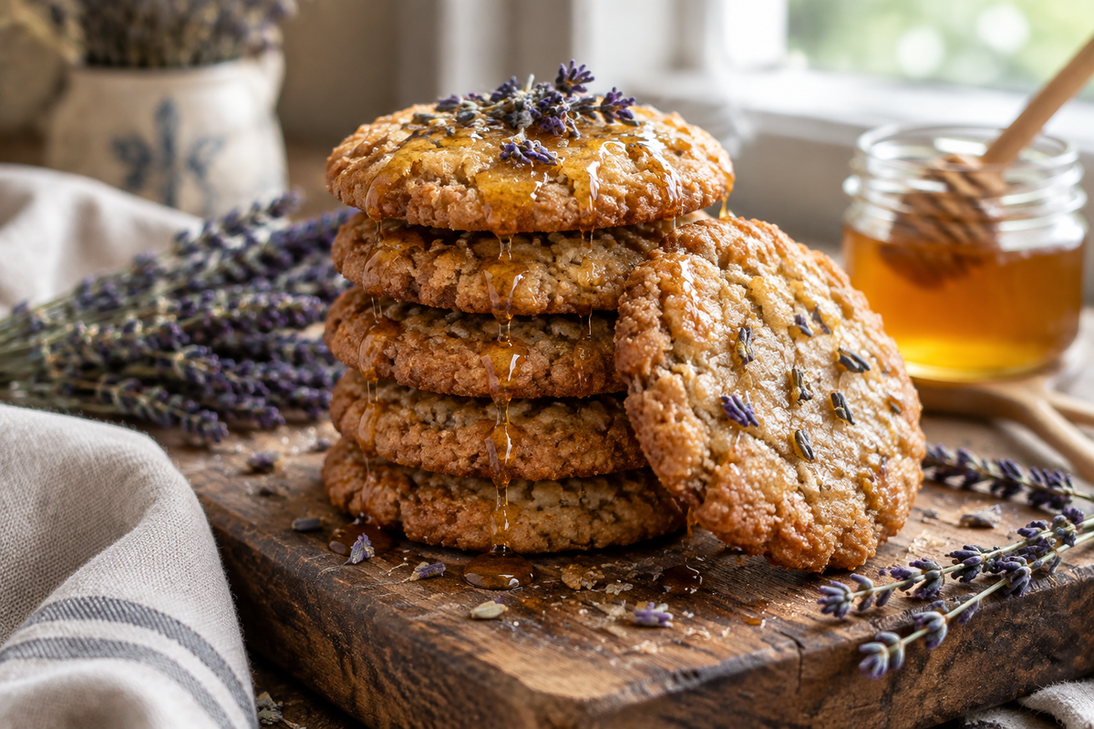 Freshly baked lavender honey crunch cookies with honey drizzle and lavender garnish