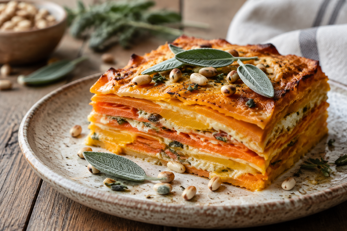 Layered sweet potato lasagna with butternut squash and carrots garnished with sage leaves
