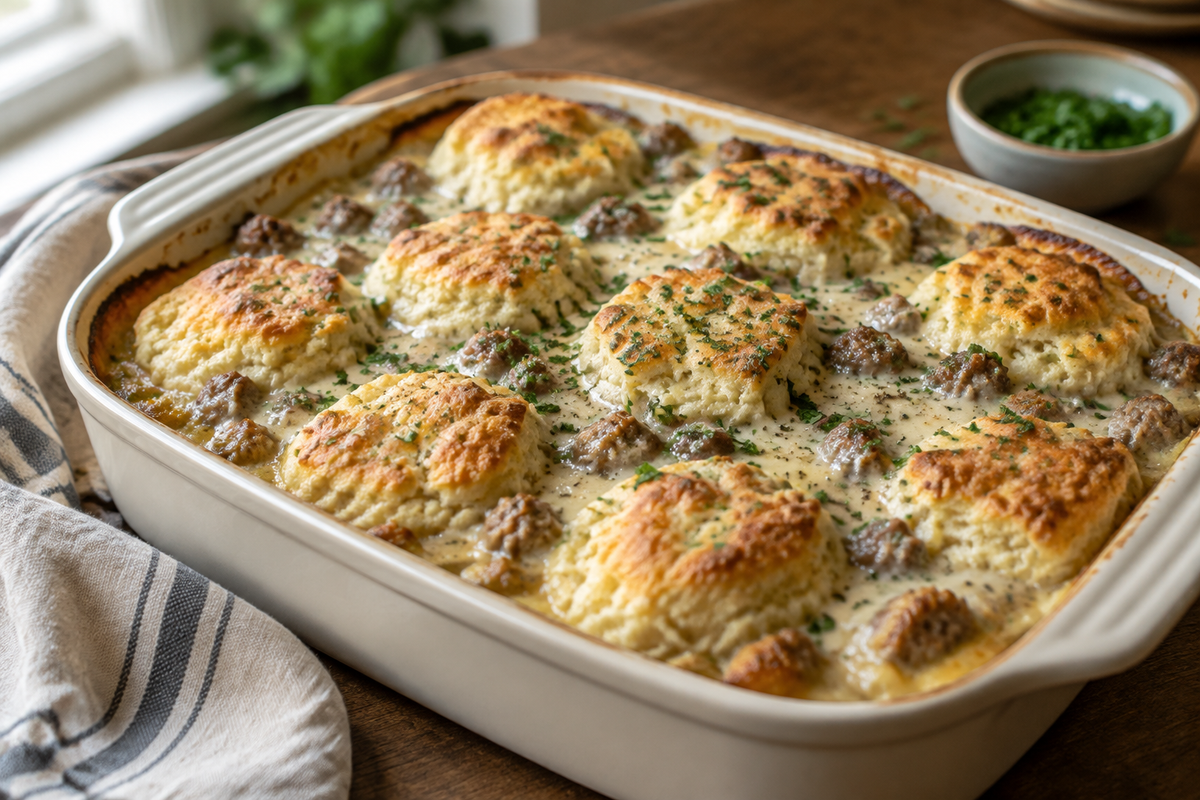 Lazy biscuits gravy breakfast casserole with golden biscuits and creamy sausage gravy