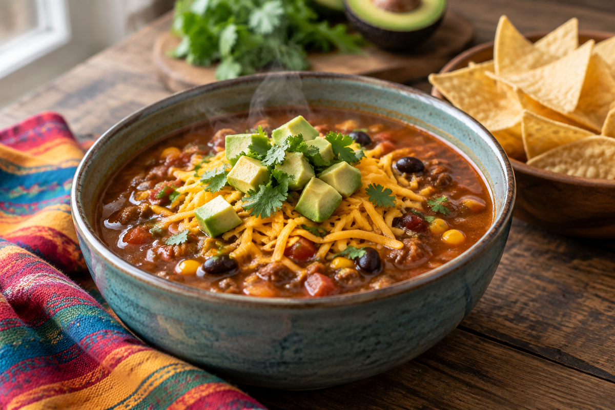 Hearty taco soup in a bowl garnished with cheddar, avocado, and cilantro, showcasing taco soup