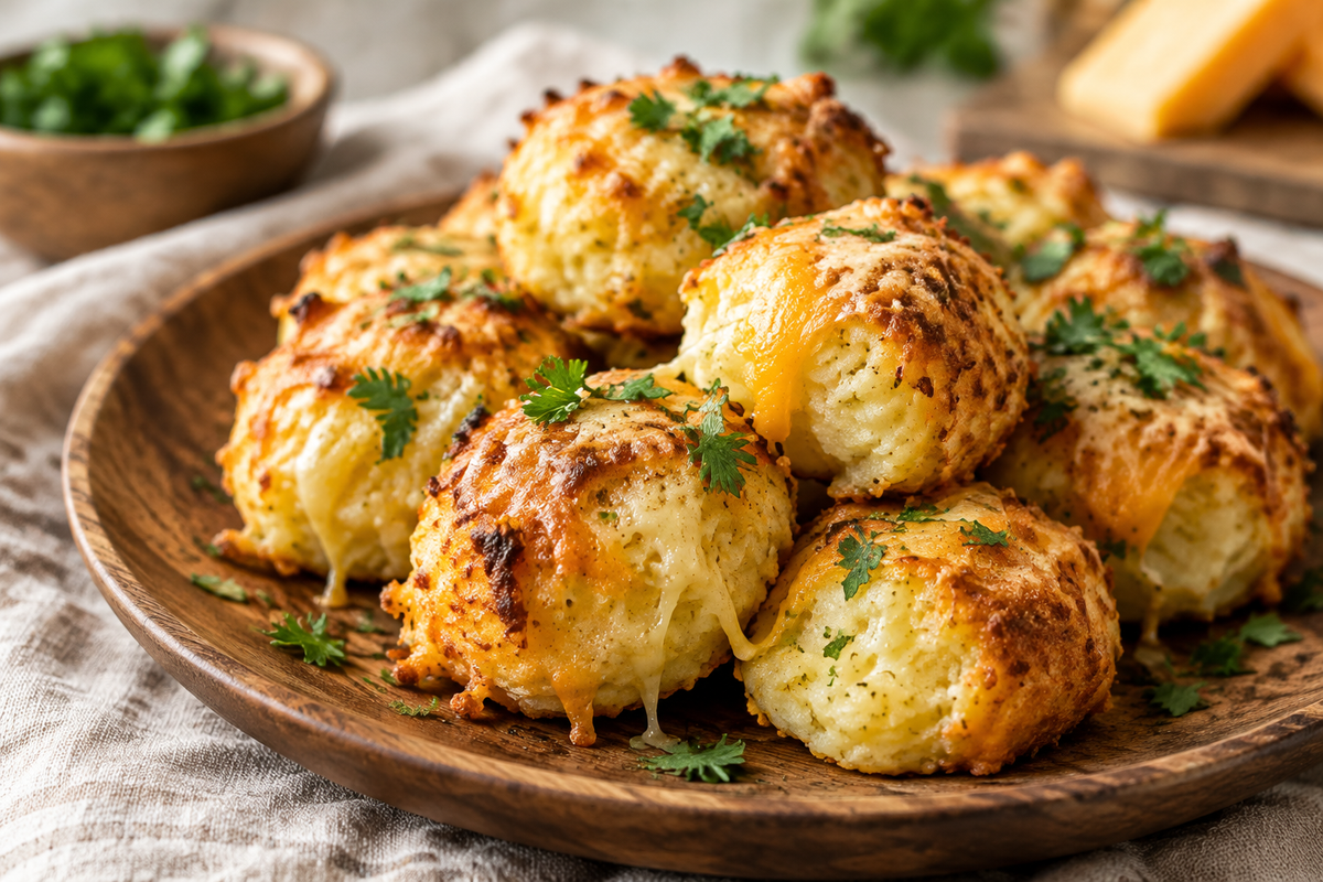 Golden mashed potato cheese puffs garnished with parsley and melted cheese on a rustic plate