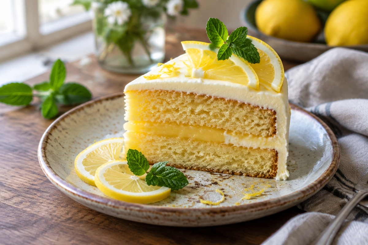 Moist and zesty lemon cake slice garnished with lemon slices and mint leaves