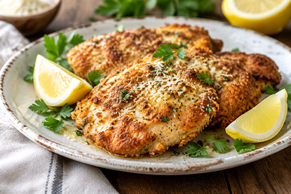 Golden crispy lemon chicken romano garnished with lemon wedges and parsley, showcasing lemon chicken romano dish