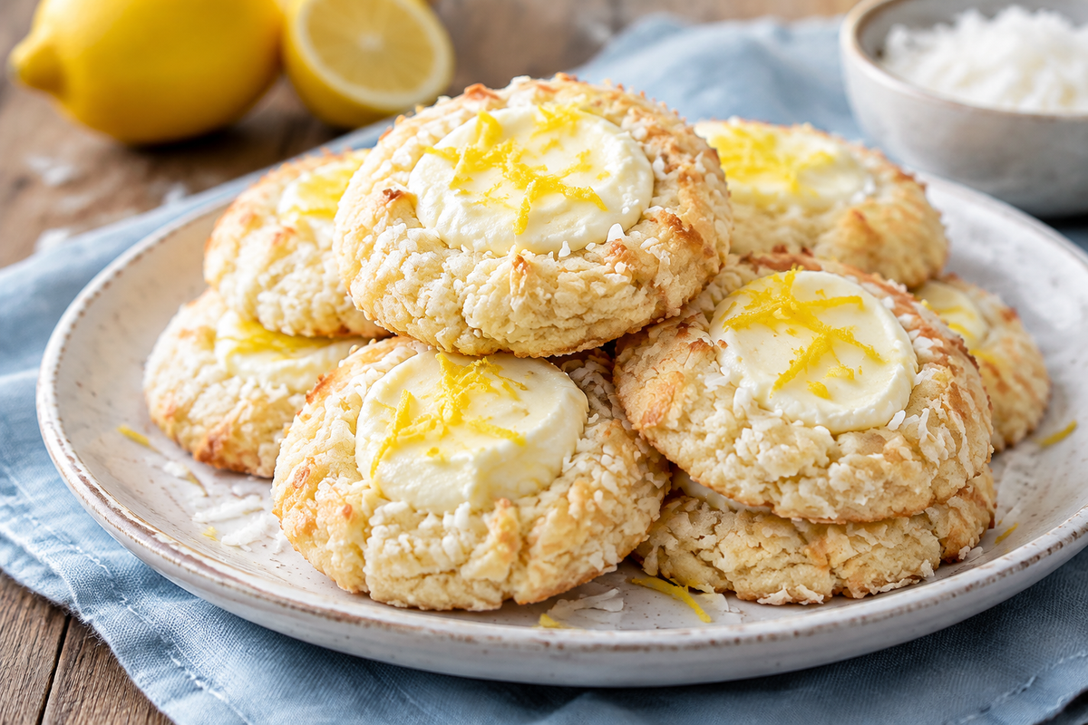 Fresh lemon coconut cheesecake cookies with creamy filling and lemon zest garnish