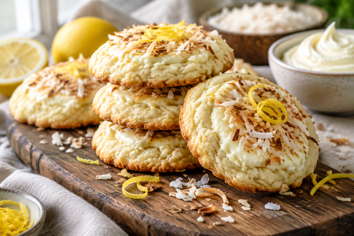Lemon coconut cheesecake cookies stacked with toasted coconut and lemon zest garnish